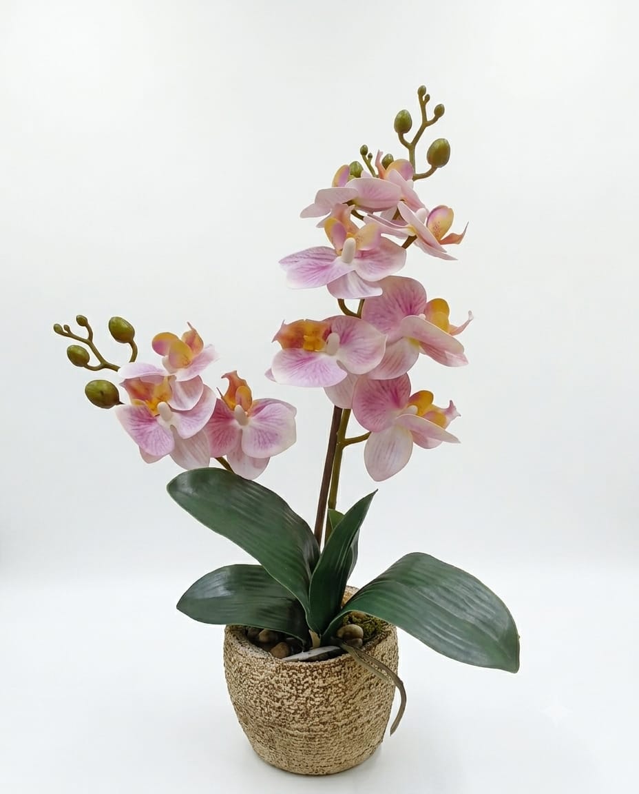 Orquídea Phalaenopsis Artificial Rosa en Maceta Texturizada de Cerámica